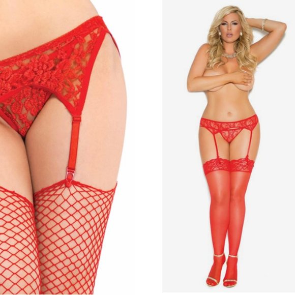 Valentine’s Red (Plus) Floral Laced Garter Belt and Thong 2pc. Set - Picture 1 of 7